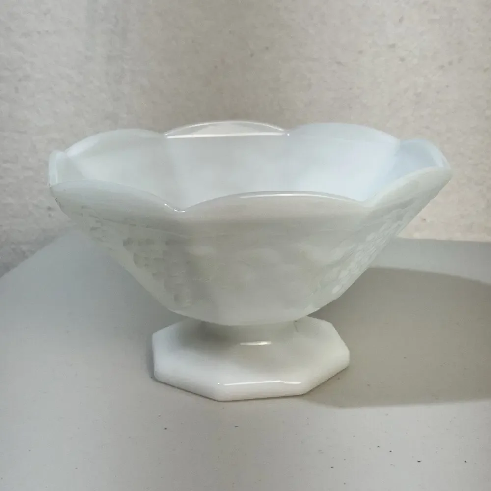 Anchor Hocking Harvest Grapevine White Milk Glass Compote Footed Pedestal Bowl